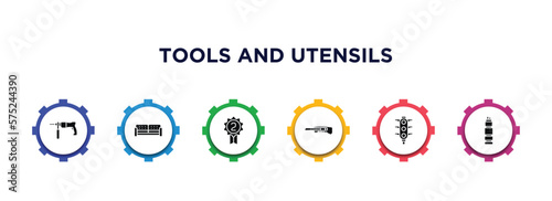 tools and utensils filled icons with infographic template. glyph icons such as hammer drill, house things, second, paper cutter, semaphore lights, times square vector.