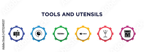tools and utensils filled icons with infographic template. glyph icons such as postage, time left, penknife, large spoon, clothes rack, recycling bin vector.