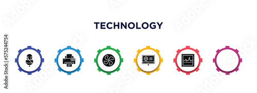 technology filled icons with infographic template. glyph icons such as microphone mute, printing, ventilating fan, 3d printing software, photo camera flash, electrocardiogram line vector.