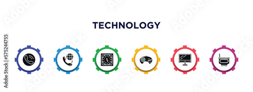 technology filled icons with infographic template. glyph icons such as reciever, international call, kitchen timer, sega gamepad, computer screen linux, power plug vector.
