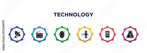 technology filled icons with infographic template. glyph icons such as parabolic, radio with antenna, zero, space satellite, air cooler, biomass vector.