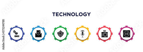 technology filled icons with infographic template. glyph icons such as contact lens, received, safe shield protection, radio microphone, retro squared camera, round socket vector.