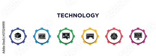 technology filled icons with infographic template. glyph icons such as virtual box, back end, microblogging, website optimization, affiliate marketing, self-closing tag vector.