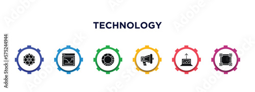 technology filled icons with infographic template. glyph icons such as multichannel marketing, bounce rate, colory theory, call to action, growth hacking, vector.