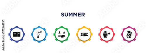 summer filled icons with infographic template. glyph icons such as postcard, life guard, lake, plane ticket, sand bucket and shovel, sangria vector.