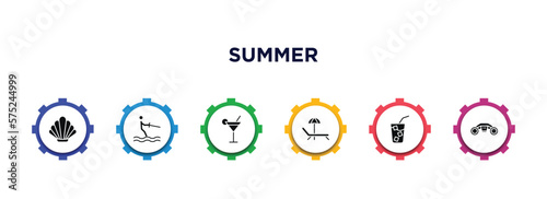 summer filled icons with infographic template. glyph icons such as seashell, waterski, bar, sunbed, refreshing cold drink, sea scooter vector.
