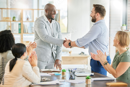 Applause, diversity acquisition handshake and business people celebrate investment, b2b contract deal or merger success. Client negotiation meeting, excited hand shake and group partnership agreement photo