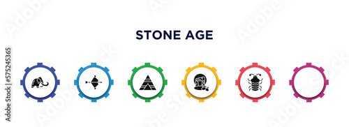 stone age filled icons with infographic template. glyph icons such as mammoth, bow and arrow, venus of willendorf, tipi, stonehenge, arthropod vector.