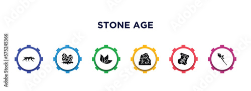 stone age filled icons with infographic template. glyph icons such as saber toothed tiger, diaur egg, leaf, cave painting, dried insect in amber, spear vector.