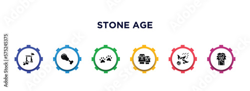 stone age filled icons with infographic template. glyph icons such as dolmen, chicken leg, paw print, moai, meteor, troglodyte vector.
