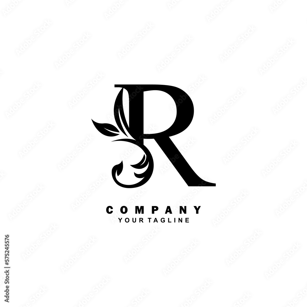 Elegant luxury black R letter logo vector design with leaf and flower