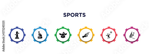 sports filled icons with infographic template. glyph icons such as wing chun, exercise gym, mawashi, starting gun, man playing volleyball, man windsurfing vector.