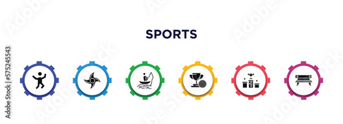 sports filled icons with infographic template. glyph icons such as jumping dancer, ninja shuriken, fishing man, golf champion, podium with cup, work bench vector.