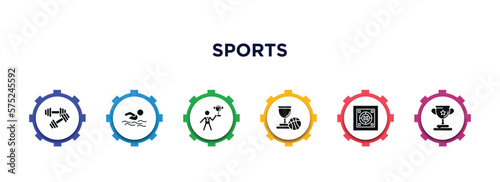sports filled icons with infographic template. glyph icons such as dumbbell for training, swimming man, man award, basketball champion, dohyo, sport trophy vector.