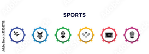 sports filled icons with infographic template. glyph icons such as karate fighter, chest guard, third, tennis game, basketball court, second prize vector.