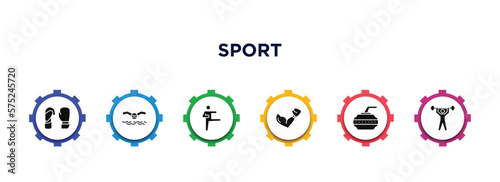 sport filled icons with infographic template. glyph icons such as boxing gloves, swimming, karate, boxing, curling, weightlifter vector.