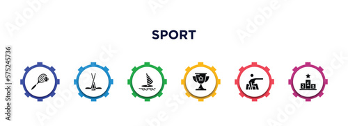 sport filled icons with infographic template. glyph icons such as tennis, ice hockey, windsurf, trophy, snowboarding, podium vector.