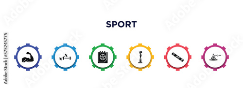sport filled icons with infographic template. glyph icons such as muscle, training, match, award, snowboard, wakeboarding vector.