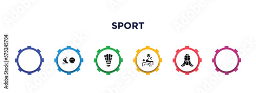 sport filled icons with infographic template. glyph icons such as handball, paragliding, kickball, shuttlecock, powerlifting, kendo vector.