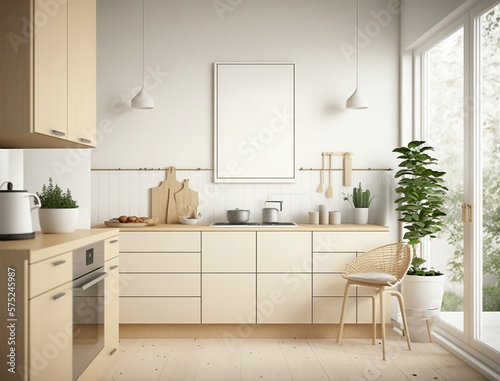 Minimalist Scandinavian Kitchen Room Interior Design with Small Blank Poster Mockup - Created with Generative AI