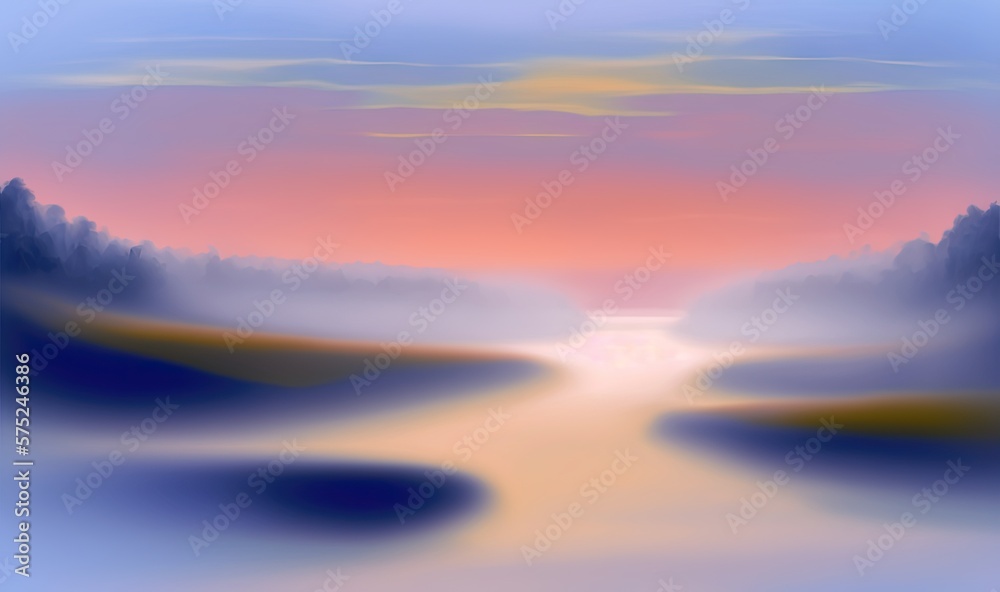  a painting of a river with a sunset in the background.  generative ai