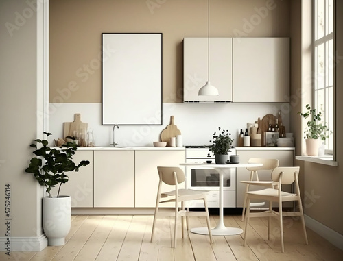 Minimalist Scandinavian Kitchen Room Interior Design with Small Blank Poster Mockup - Created with Generative AI