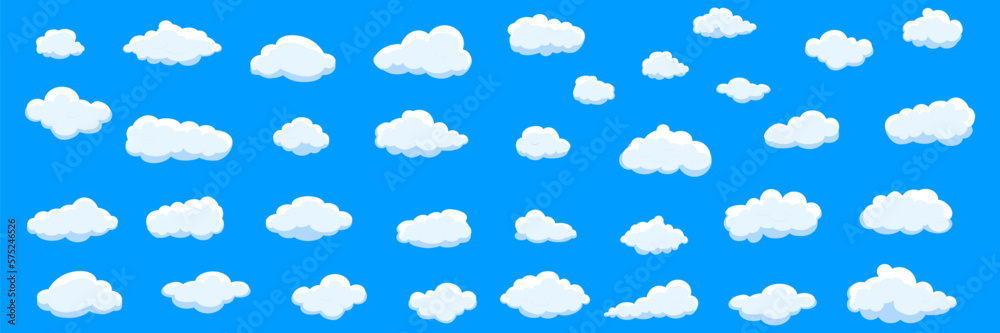 White cartoon clouds set isolated on blue background. Collection of different clouds for background template, wallpaper and fluffy sky design. Flat clouds concept. 3D clouds vector illustration