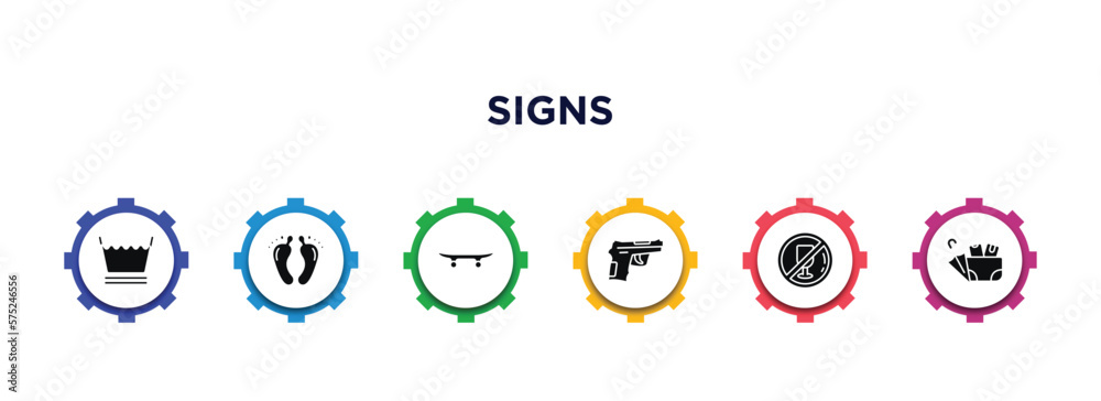 signs filled icons with infographic template. glyph icons such as washing, barefoot, skateboard, guns, no drinks, lost items vector. signs filled icons with infographic template. glyph icons such as washing, barefoot, skateboard, guns, no drinks, lost items vector.