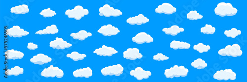 White cartoon clouds set isolated on blue background. Collection of different clouds for background template, wallpaper and fluffy sky design. Flat clouds concept. 3D clouds vector illustration