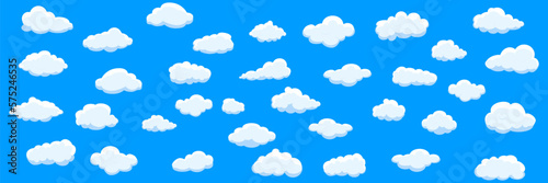 White cartoon clouds set isolated on blue background. Collection of different clouds for background template, wallpaper and fluffy sky design. Flat clouds concept. 3D clouds vector illustration
