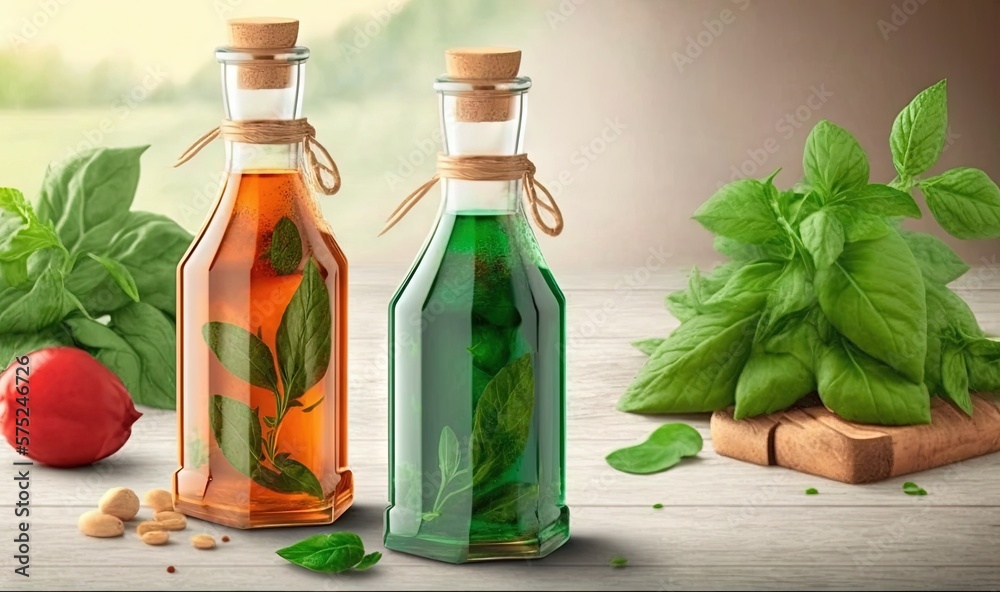 a couple of bottles filled with green leaves next to tomatoes. generative ai a couple of bottles filled with green leaves next to tomatoes. generative ai