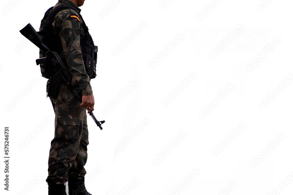 Security person army commando is standing against isolated white background with assault rifle Security person army commando is standing against isolated white background with assault rifle