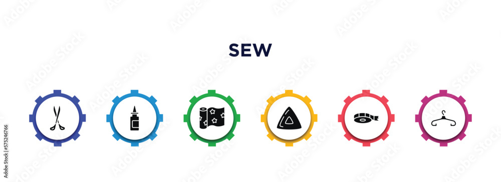 sew filled icons with infographic template. glyph icons such as scissors, glue, textile, chalk, tape, clothes hanger vector. sew filled icons with infographic template. glyph icons such as scissors, glue, textile, chalk, tape, clothes hanger vector.