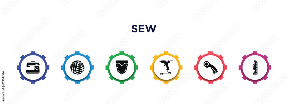 sew filled icons with infographic template. glyph icons such as sewing hine, yarn, jeans pocket, hot glue, rotary, sew pattern vector. sew filled icons with infographic template. glyph icons such as sewing hine, yarn, jeans pocket, hot glue, rotary, sew pattern vector.