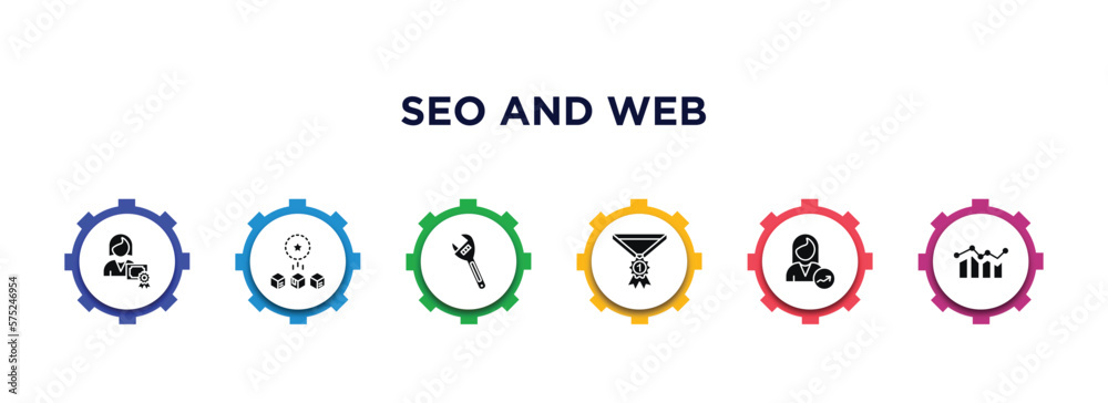 seo and web filled icons with infographic template. glyph icons such as woman certification, differentiation, adjustable spanner, winner medal, woman success, data graphic vector. seo and web filled icons with infographic template. glyph icons such as woman certification, differentiation, adjustable spanner, winner medal, woman success, data graphic vector.