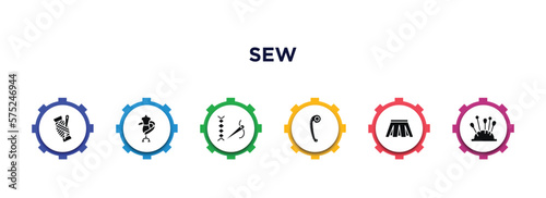 sew filled icons with infographic template. glyph icons such as threads, sewing craft, stiching, french curve, pleat, pin holder vector.
