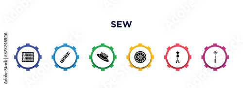 sew filled icons with infographic template. glyph icons such as knit, thread nippers, grommet, spokes, mannequin, overstitch vector.