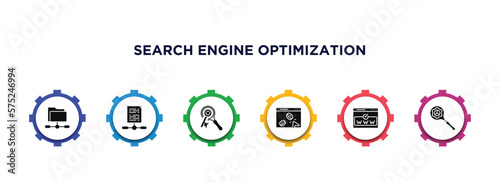 search engine optimization filled icons with infographic template. glyph icons such as shared folder, sharing archives, keywords, pay per click, domain registration, search engine vector.