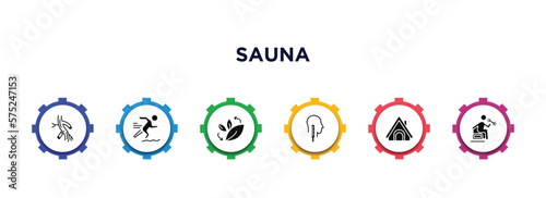 sauna filled icons with infographic template. glyph icons such as arterioles, adrenalin rush, fresh air supply, core temperature, hideaway, vascular workout vector.