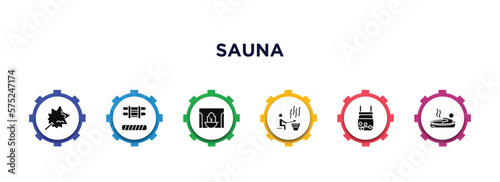 sauna filled icons with infographic template. glyph icons such as vasta, brine cabin, hamam, earth sauna, cold plunge, irish steam bath vector.