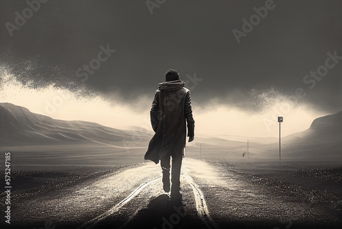 A stranger walks along a foggy deserted road