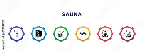 sauna filled icons with infographic template. glyph icons such as luxury shower, dousing shower, green sauna, hormones, well-being, banja vector.