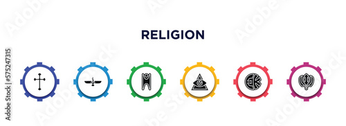 religion filled icons with infographic template. glyph icons such as catholicism, faravahar, humanism, caodaism, eckankar, sikhism vector.