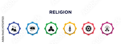 religion filled icons with infographic template. glyph icons such as abrahamic, eye of ra, paganism, easter bunny, blasphemy, pray vector.