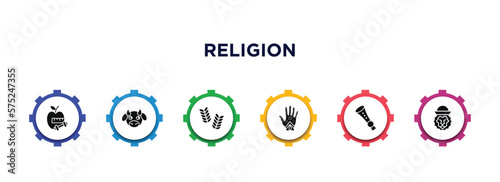 religion filled icons with infographic template. glyph icons such as diet, sacred cow, israel barley, henna painted hand, shehnai, lion of judah vector.
