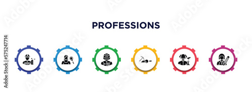 professions filled icons with infographic template. glyph icons such as fireman, hr specialist, racer, archeologist, scientist, writer vector.