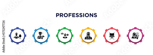 professions filled icons with infographic template. glyph icons such as showman, plumber, financial advisor, nun, director, florist vector.