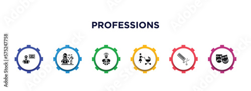 professions filled icons with infographic template. glyph icons such as teacher, graphic de, driver, baby sitter, hairdresser, actor vector.
