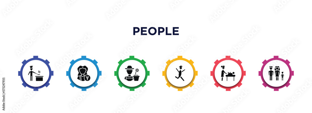 people filled icons with infographic template. glyph icons such as chef cooking, psychologist, garderner, happy man jumping, baby changing, family group vector. people filled icons with infographic template. glyph icons such as chef cooking, psychologist, garderner, happy man jumping, baby changing, family group vector.
