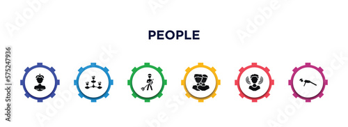people filled icons with infographic template. glyph icons such as sumo fighter, businessmen hierarchy, landkeeper, relations, person listening, push ups vector.